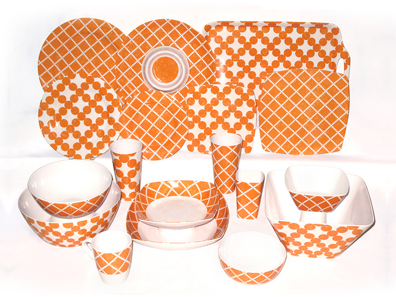Orange Washed Dots Design Melamine Plates, Chips & Dips, Tumblers
