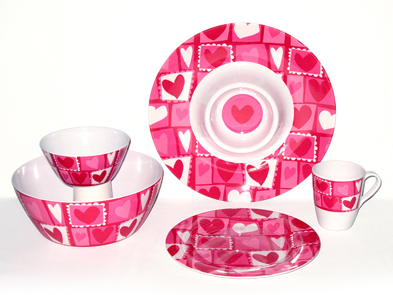Valentine Design Melamine Bowls, Chip & Dip, Mugs