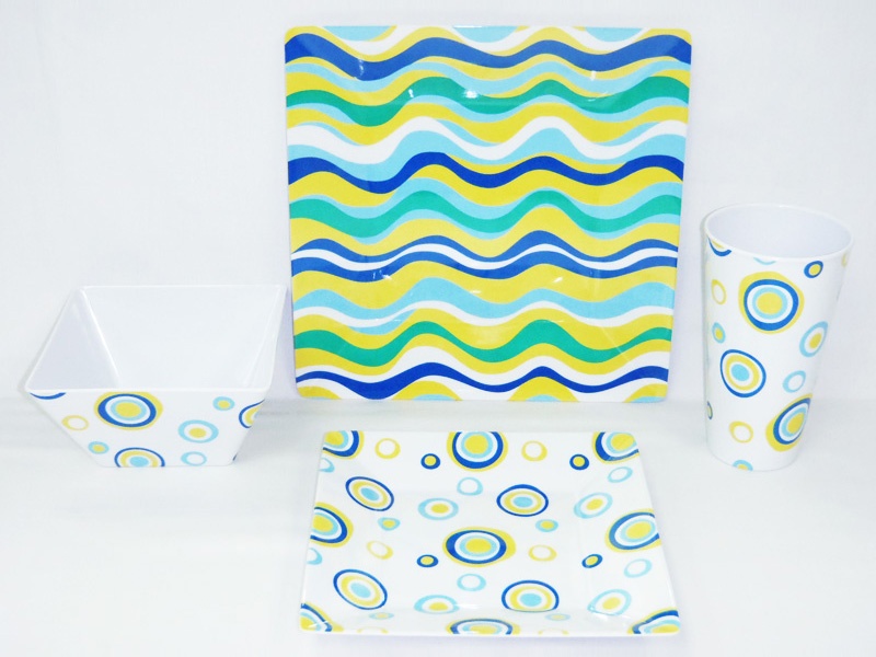 1321-25 Bubbles & Wavy Stripes, Blue Melamine Square Dinner Set